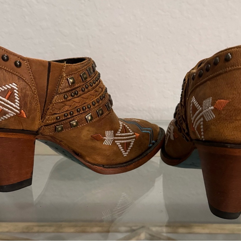 Lane Brown Peep Toe Booties with Embroidered Design - Picture 3 of 5